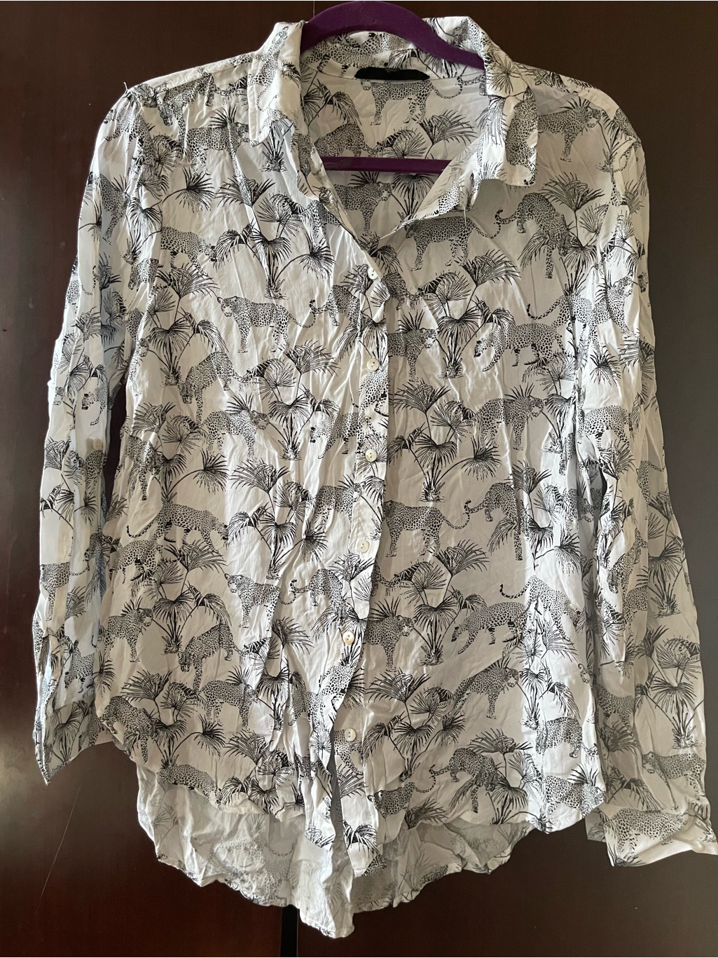 White Button-Up Shirt With Black Jungle Print